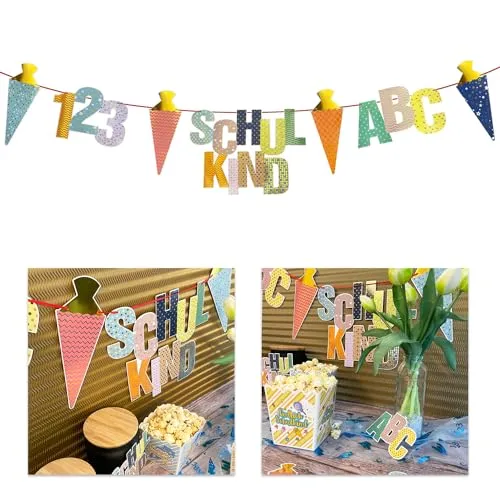 Oblique Unique Schulkind Girlande Einschulung - ABC 123 Deko Banner mit Zuckertüten - Einschulungsdeko für Schuleinführung Schulanfang Jungen und Mädchen
