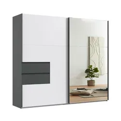 luma-home Schwebetürenschrank 250x216 cm, Weiß - Moderner Kleiderschrank mit Spiegeltür, 3 Fächern und 2 Schubladen für optimale Stauraumnutzung. Leise Schwebetüren mit Selbsteinzug und stilvolles Design in Grafit und Weiß.