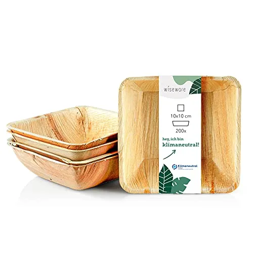 Wiseware Palmblatt Teller tief - 200 Stück tiefe Einwegteller quadratisch tief 10 x 10 cm - biologisch abbaubares Palmblattgeschirr - kompostierbares Partygeschirr - Bio Einweggeschirr