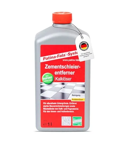 Patina-Fala® Zementschleierentferner 1L Extrem Stark – Entfernt Zementschleier, Fugenreste & Bauverschmutzungen – Fliesenreiniger & Naturstein geeignet – Für säurefeste Untergründe – Made in Germany
