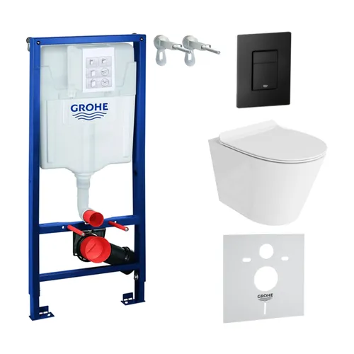 GROHE Vorwandelement Solido + Wand Hänge WC Galve Weiß Spülrandlos + WC-Sitz SoftClose | Schwarzer Knopf | Komplettset | Unterputz Spülkasten | Toilette Komplett Sett