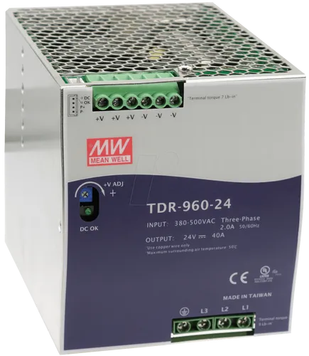 MEANWELL TDR-960-24 Hutschienen-Netzteil - Schaltnetzteil für DIN-Schienenmontage, 960W, 24V, 40A, ideal für stabile Stromversorgung in Innenbereichen mit Überlastschutz und kompakter Bauweise.
