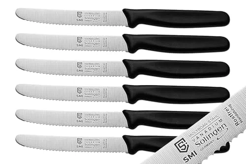 SMI 6-teiliges Frühstücksmesser Set Solingen Brötchenmesser Wellenschliff Tomatenmesser Küchenmesser Schwarz Made in Germany (6 Stück)