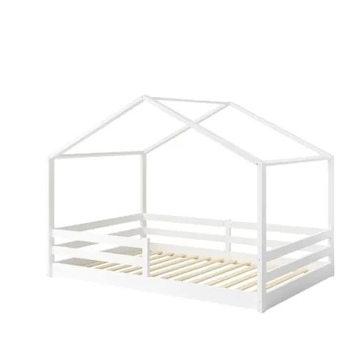 Bellabino Abia Kinderbett 140x200 cm – Hausbett mit Matratze, Rausfallschutz & Lattenrost – Montessori Bodenbett aus Massivholz Kiefer – Kinder Bett in Weiß für Jungen und Mädchen