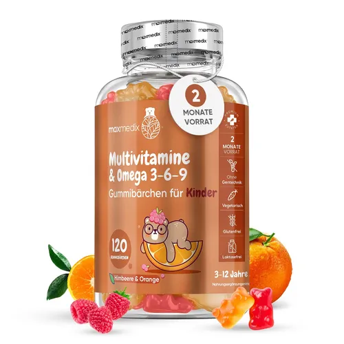 Multivitamine Gummibärchen - 120 Stück für Immunsystem & Gelenke - Vitamine & Mineralien: 120 gelatinefreie Gummibärchen mit Omega 3 6 9, ideal für das allgemeine Wohlbefinden und die Unterstützung von Knochen und Gelenken.