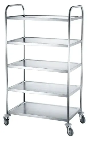 Hendi Servierwagen mit 5 Böden und 4 Rollen - Hochwertiger Servierwagen aus Edelstahl mit 5 Regalböden und 4 Lenkrollen (2 gebremst) für maximale Mobilität und Sicherheit in der Gastronomie.
