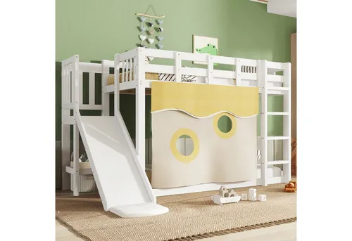Odikalo Etagenbett Kinderbett mit Rutsche und Bettvorhang 90x200cm - Platzsparendes Etagenbett (90x200cm) mit stabiler Treppe, integrierten Zäunen und einer unterhaltsamen Rutsche. Ideal für Sicherheit und Spaß im Kinderzimmer, mit hochwertiger Holzkonstruktion und gemütlichen Bettvorhängen.