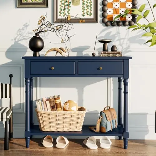 MODERION Konsolentisch aus Holz Massiv, Wohnzimmer-Beistelltisch mit 2 Schubladen Robust und Stabil, für Wohnzimmer, Flur, Schlafzimmer usw, 90 x 35 x 77 cm (B/T/H) (Blau), SFZ02