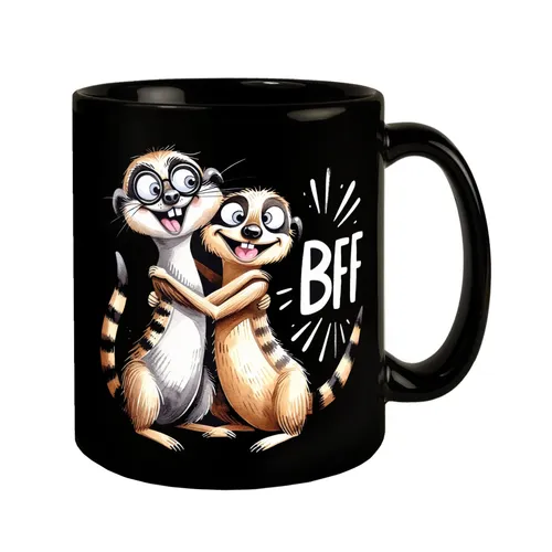 Verrückte Erdmännchen Freundschaft Tasse in Schwarz mit Spruch BFF - Best