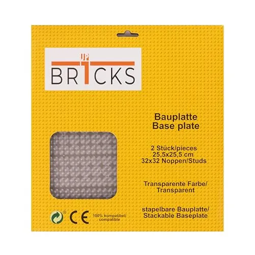 JP BR1CKS Bauplatte, 32x32 (25,5 x 25,5 cm), 2er Set /2 Platten, Kompatibel mit Allen führenden Marken, beidseitig bebaubar (Tranparent)