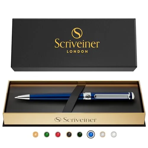 Scriveiner Midnight Blue Ballpoint Kugelschreiber, nachtblau, verchromter Stahl, nachfüllbar und einziehbar, schönes Geschenk für Damen und Herren, mit Box, professionelles Bürozubehör