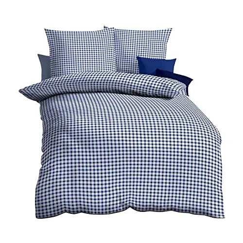 Kaeppel Biber Bettwäsche Vichy Karo blau - Bettwäsche-Set aus 100% Baumwolle, kuschelig weich und mit praktischem Reißverschluss, ideal für kalte Nächte.