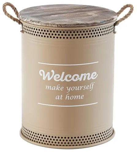 Kobolo Wäschebehälter WELCOME Gr. L – Vintage Metalltonne mit Holzdeckel - Praktische und stilvolle Aufbewahrungslösung in warmem Sandbraun. Ideal für Wäsche, Spielzeug oder als Deko im Flur und Bad. Handgefertigt mit Luftlöchern für optimale Belüftung.