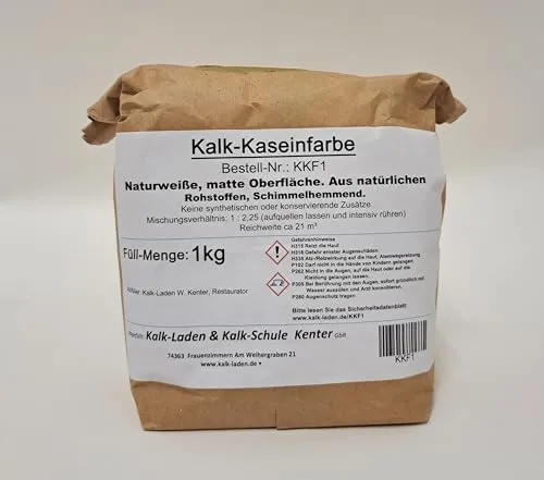 Kalk-Kaseinfarbe. Keine konservierende o. synthetische Zusätze. Schimmelhemmend. 1kg bis 21qm