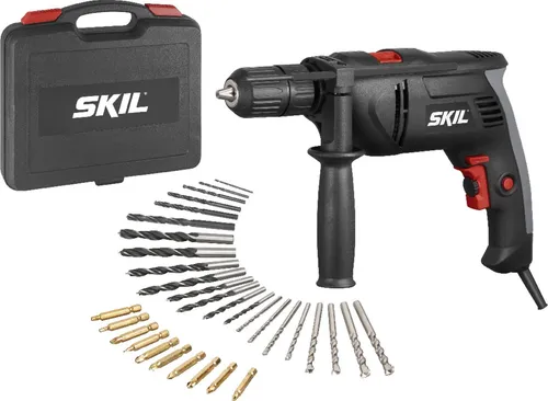 Skil 1021 AD Schlagbohrmaschine 850 Watt - Bohrmaschinen-Set mit vielfältigem Zubehör: 8 Stein-, Holz- und Stahlbohrer sowie Schrauberbits, inkl. stabilem Koffer für geordnete Aufbewahrung und präzise Handhabung.