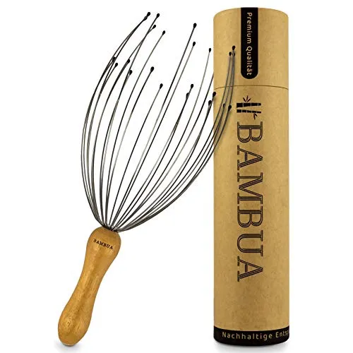 BAMBUA Kopfmassage Spinne - 24-Finger Premium Massagegerät aus Moso-Bambus - Kopfmassagegerät mit 24 flexiblen Massagefingern für intensive Entspannung. Hergestellt aus nachhaltigem Moso-Bambus, unterstützt es die Durchblutung der Kopfhaut und fördert die Zellregeneration.