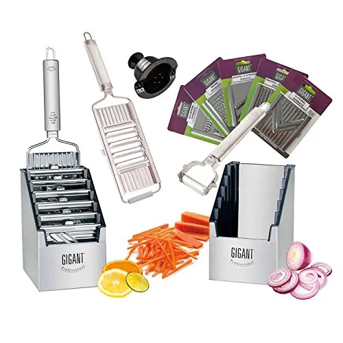 4-fach Gigant Gemüsehobel in der Multi-Box - Gemüsehobel mit 5 zusätzlichen Einsätzen für vielseitige Schneidetechniken, inklusive Schäler und Restehalter – ideal für schnelle und sichere Zubereitung von Gemüse.