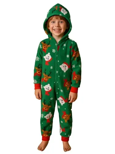 United Labels X-Mas Jumpsuit mit Kapuze für Jungen & Mädchen - Rentier & Eisbär Overall Kinder Pyjama Schlafanzug Langarm Grün (DE/NL/SE/PL, Numerisch, 110, 116, Regular)