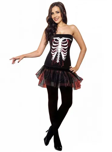 Metamorph Kostüm Skelett Tutukleid Karneval Faschingskostüm Damen, Trägerloses Knochenkleid mit Tüllrock