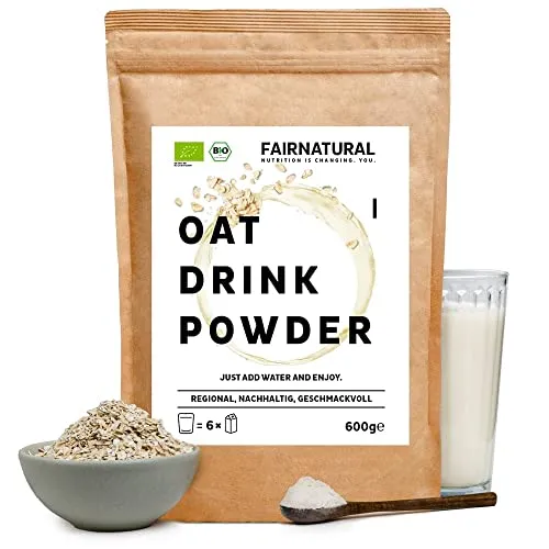 Fairnatural BIO Haferdrink-Pulver [Aus regionalem deutschen Anbau] Hafertrink ohne Zuckerzusatz zum selber Mischen | Für 6L Milchersatz oder als Instant Oats (600g)