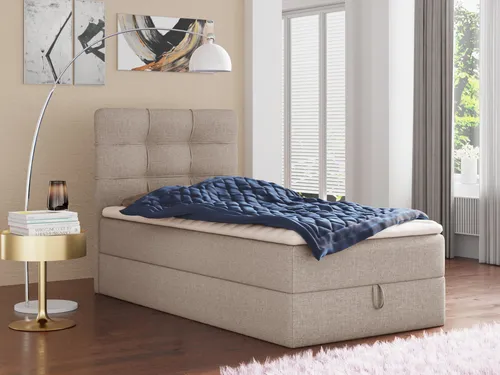 Boxspringbett Best Mini mit Bettkasten und Matratzentopper - Beige (80 x 200 cm) - Stylisches Polsterbett mit praktischem Bettkasten und luxuriöser Bonell-Matratze. Inklusive hochelastischem Matratzentopper für optimalen Schlafkomfort.