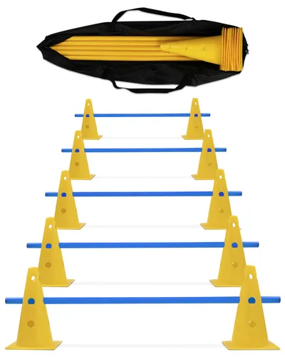 Kegelhürde Cavaletti 5er Set mit Stangen 100 cm in Gelb/Blau - Agility Training: Perfekt für das Training von Sprüngen und Geschicklichkeit, ideal für Hundesportliebhaber.