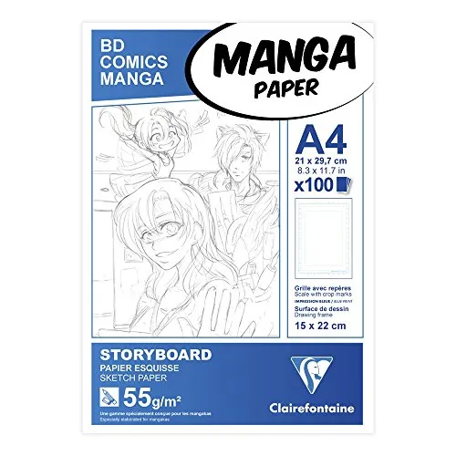 Clairefontaine 94037C Manga Block Storyboard (ideal für Zeichen von Manga und Multitechniken, DIN A4, 21 x 29,7 cm, 100 Blatt, 55 g, mit einfachem Raster) weiß