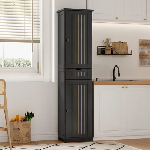 okwish Küchenschrank mit verstellbaren Einlegeböden und Doppeltüren - Platzsparender Hochschrank mit verstellbaren Einlegeböden für individuelle Stauraumlösungen in Küche und Wohnzimmer. Stabil und einfach zu montieren, vereint er Funktionalität mit zeitlosem Design.