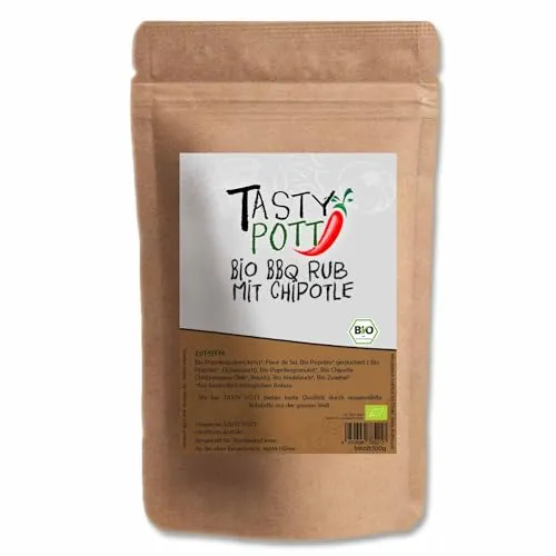 Tasty Pott Bio BBQ Rub Chipotle 250 Gramm | Kochen & Würzen | Grillen Braten geräuchert | Fleisch, Fisch und Gemüse | Nachfüllpackung Nachfüllbeutel | Chili scharf Jalapeno spicy hot