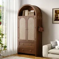 Merax Vintage Kleiderschrank im Korbgeflecht-Stil mit Doppelschubladen - Praktisches Sideboard mit Rattan-Türen und Haken, ideal für stilvolle Aufbewahrung. Offene Regale bieten Platz für Deko und Bücher, während die Schubladen für Ordnung sorgen.