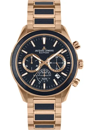 Jacques Lemans Solaruhr Eco Power Solar Apple 1-2115H - Chronograph mit Solar-Antrieb, bis 10 bar wasserdicht und elegantem roségoldfarbenem Edelstahlarmband, ideal für stilbewusste Herren.