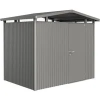 Biohort Metallgerätehaus Panorama® P2 in Quarzgrau - Geräumiges Gartenhaus aus rostfreiem Stahlblech mit lichtdurchfluteten Oberlichtern für optimale Sicht. Wetterfest und sturmfest, ideal für die sichere Aufbewahrung Ihrer Gartengeräte.