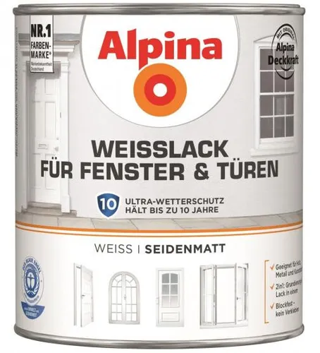 Alpina Weißlack für Fenster & Türen 2 Liter seidenmatt - Lacke mit hoher Deckkraft und Ultra-Wetterschutz, ideal für langlebige und widerstandsfähige Oberflächen. Schnelltrocknend und ausgezeichnet mit dem Blauen Engel.