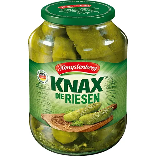 Hengstenberg Knax Die Riesen Gewürzgurken 1550g - Fertiggemüse in XXL-Format, knackig und würzig im Glas – der perfekte Snack oder Beilage für jeden Anlass!