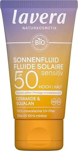 lavera Sonnenlotion Sensitiv LSF 50 - Sonnencreme für Gesicht und Dekollete - ohne chemische UV-Filter - für sensible Haut - vegan - Naturkosmetik - 40 ml