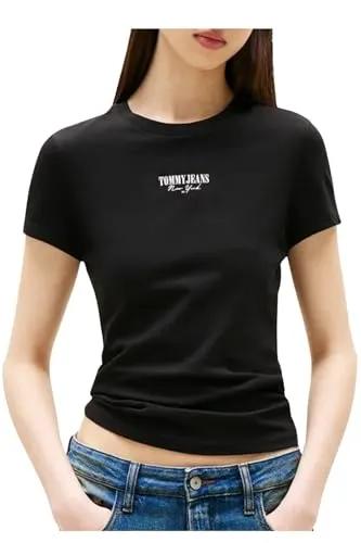 Tommy Jeans TJW Slim Essential Logo2 Tee, Damen Kurzarmshirt in Schwarz - Stylisches Damen Kurzarmshirt von Tommy Jeans, figurbetont und aus hochwertigem Single Jersey. Ideal für Freizeit und lässige Looks, bequem durch 70% Baumwolle und 30% Viskose.