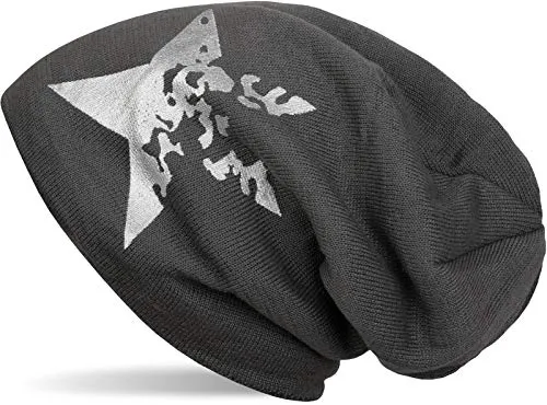 styleBREAKER warme Feinstrick Beanie Mütze mit Vintage Stern Print und sehr weichem Innenfutter, Slouch Longbeanie, Unisex 04024088, Farbe:Dunkelgrau