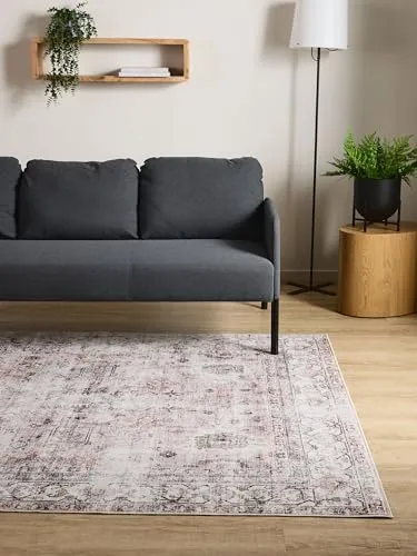 Interiyou Vintage Teppich Wohnzimmer Gent - 160x230 cm Creme/Taupe - Für Schlafzimmer, Esszimmer, Kinderzimmer - Kurzflor waschbar und rutschfest, Print Muster