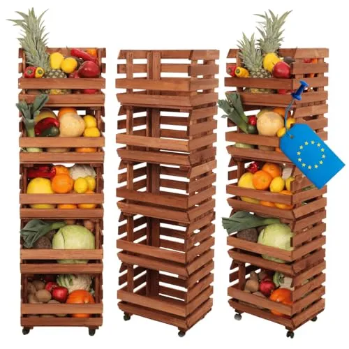 MODO24 Modular Holzregal für Gemüse & Obst auf Rollen - Praktisches Regal mit 5 stapelbaren Kisten aus Kiefernholz, ideal für die flexible Aufbewahrung. Dank der integrierten Rollen lässt sich das Regal leicht bewegen und sorgt für Ordnung in Küche oder Speisekammer.