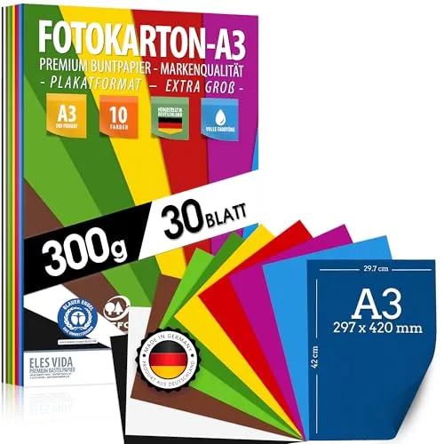 Blatt BUNTES PAPIER DIN A3-300g/m² Fotokarton Set 10 Farben - Bastelpapier & Farbige Blätter Pappe, Kinder & DIY Bogen, Basteln für Fotoalbum - BLAUER ENGEL & PEFC zertifiziert - MADE IN GERMANY 30