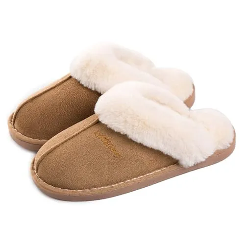 Lastia Damen Hausschuhe Winter Warm Faux Pelz Slipper Weiche Flache Plüsch Pantoffel Rutschfeste Outdoor/Indoor- 40.5/42 EU, Etikettgröße: 290 (44-45), Hellbraun