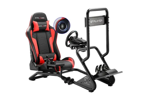 GTPLAYER Rennsimulator Cockpit mit Lautsprechern und Monitorhalterung - Rot - Erleben Sie höchsten Komfort mit verstellbarem Lenkrad- und Pedalhalter. Genießen Sie 360°-Surround-Sound durch 3D-Lautsprecher und eine einfache Montage für ein immersives Fahrerlebnis.