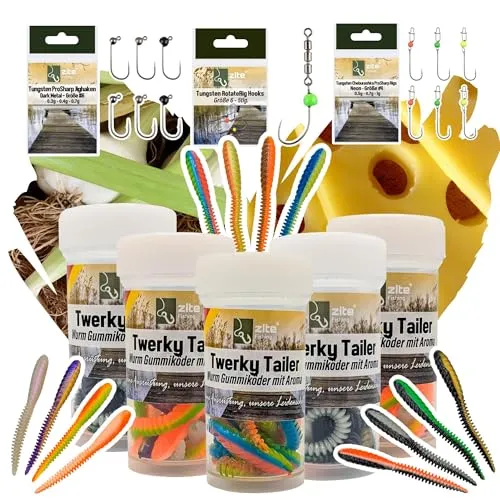 Zite Fishing Twerky Tailer 3-in-1 Forellenköder Starterset | 7cm Gummiköder Set für Forelle | Mit Tungsten Jighaken & Cheburashka Rig | Käse Knoblauch Aroma | UL Köder Spoon Alternative