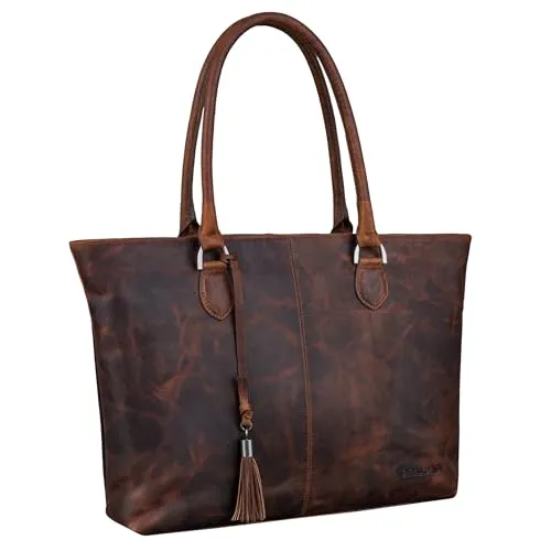 STILORD 'Callie' Echt Leder Shopper Tasche Damen Handtasche Groß - Tote Bag Leder-Tasche Vintage Schultertasche Frauen Henkeltasche Arbeitstasche mit Laptopfach 15.6 Zoll, Farbe:ambra - coganc