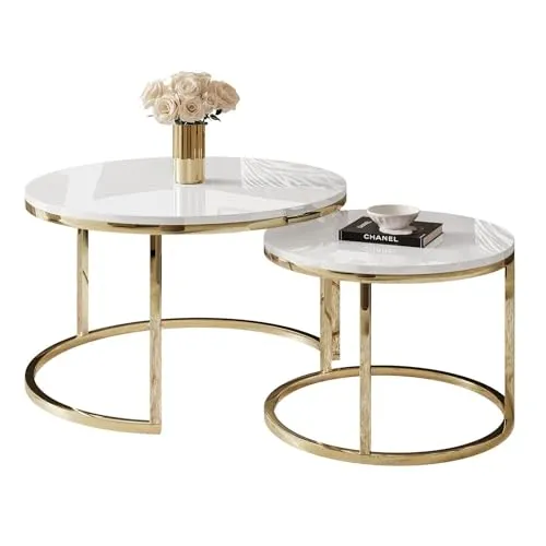 lukmebel Couchtisch rund 2er Set - CIRI 2in1 - Beistelltische fürs Wohnzimmer mit 2-in-1-Konstruktion, vielseitig einsetzbar und elegantes Design mit Hochglanz-Oberfläche für einen luxuriösen Look.