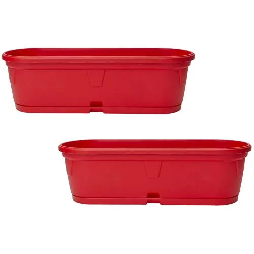 2X Pflanzkübel mit Untersetzer geeignet für Innen- und Außenbereich Kunststoff wetterfest Dekoration Balkon Büro Pflanzgefäß Blumentopf länglich oval rot