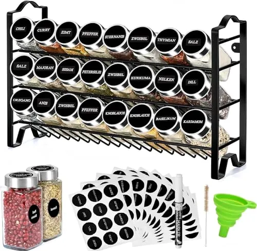 edihome, Gewürzregal, 24 Gewürzgläser, 3-Etagen-Organizer mit Metallrahmen, mit Etiketten, individuellen Deckeln und Spendern (Modell 2)
