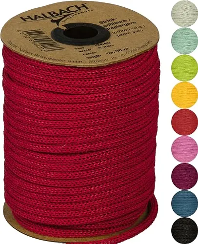 Halbach Seidenbänder Premium Papier Strickschlauch | Breite: 4mm Länge: 30m | Schlauchgarn befüllbar und reißfest, Papiergarn für Namensschilder Kinderzimmer oder zum basteln, Farbe: rot