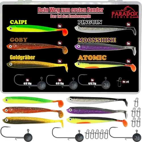 Paradox Fishing Zander Starter Box mit 30 Gummifischen und 9 Jigköpfen - Optimale Zanderköder-Box mit 30 Gummifischen, 9 Jigköpfen und hilfreichem Quickguide. Ideal für erfolgreiche Angelausflüge und verschiedene Bedingungen.