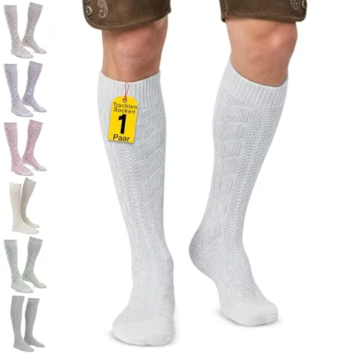 Trachtensocken klassisch 40cm Lang - Trachten Strümpfe Passend zu kurze Trachtenhosen & Kniebundhosen - Edel gestrickte Socken mit Zopfmuster - aus Baumwolle für Damen & Herren Weiß - 44-46